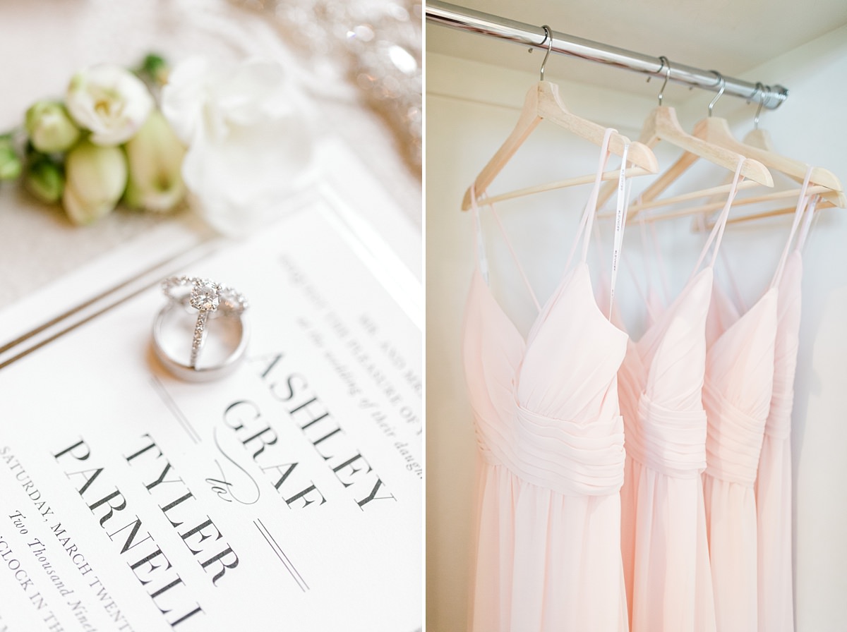 Milestone Mansion Aubrey Texas Wedding Photographer - Light pink bridesmaid dresses paired with bold invitation from Minted and Wedding Rings