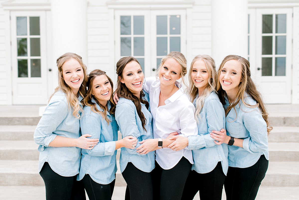 Milestone Mansion Aubrey Texas Wedding Photographer - Bridesmaids in matching shirts getting ready at the Milestone Mansion in Fort Worth